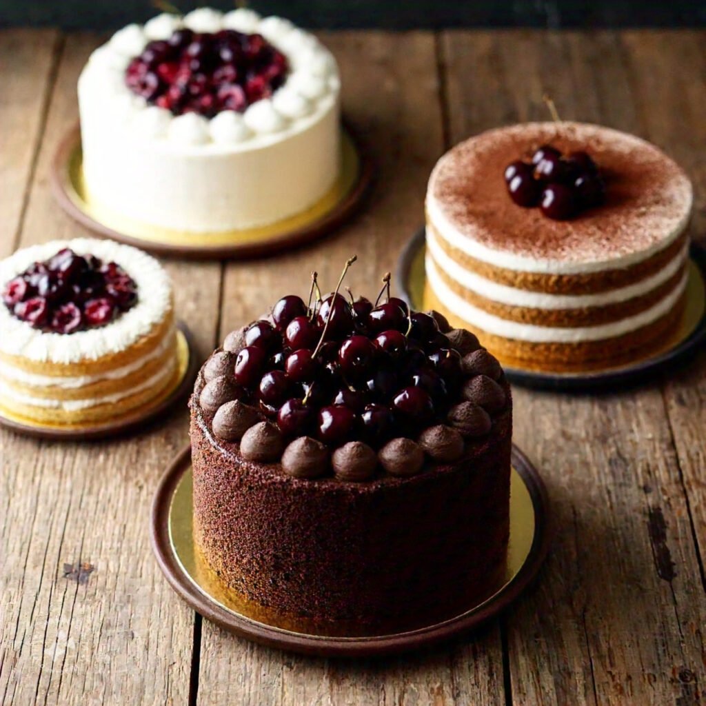 A selection of classic cakes on a rustic table