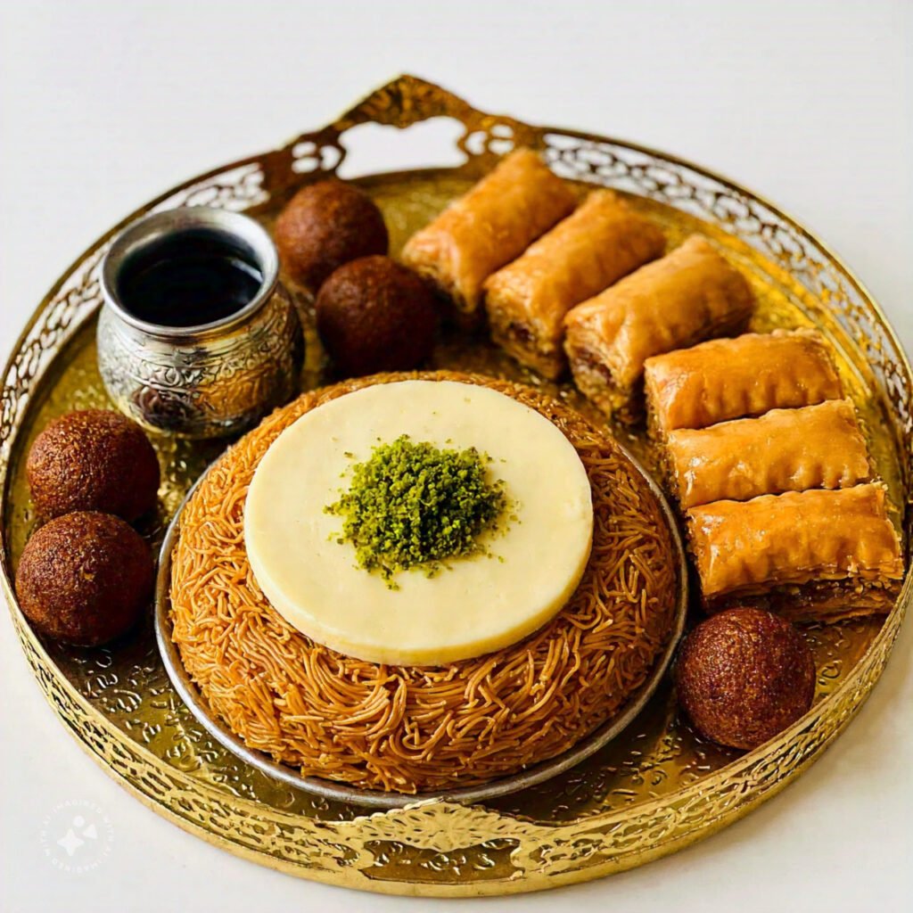 Lebanese desserts on a tray with coffee