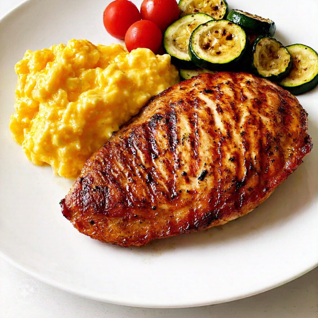 Grilled chicken and scrambled eggs with vegetables