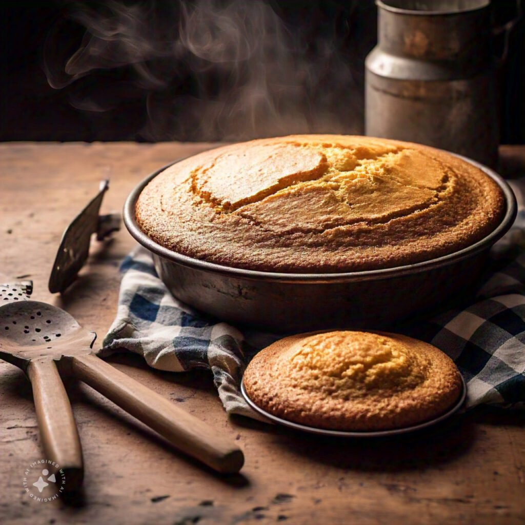 Traditional Southern cornbread served on a rustic wooden table with historical kitchen tools in the background.