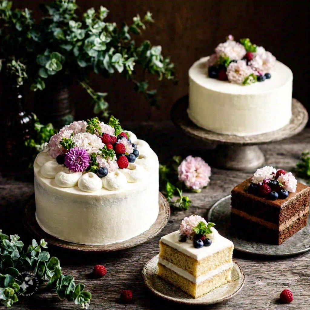 A variety of cake types displayed on a wooden table.