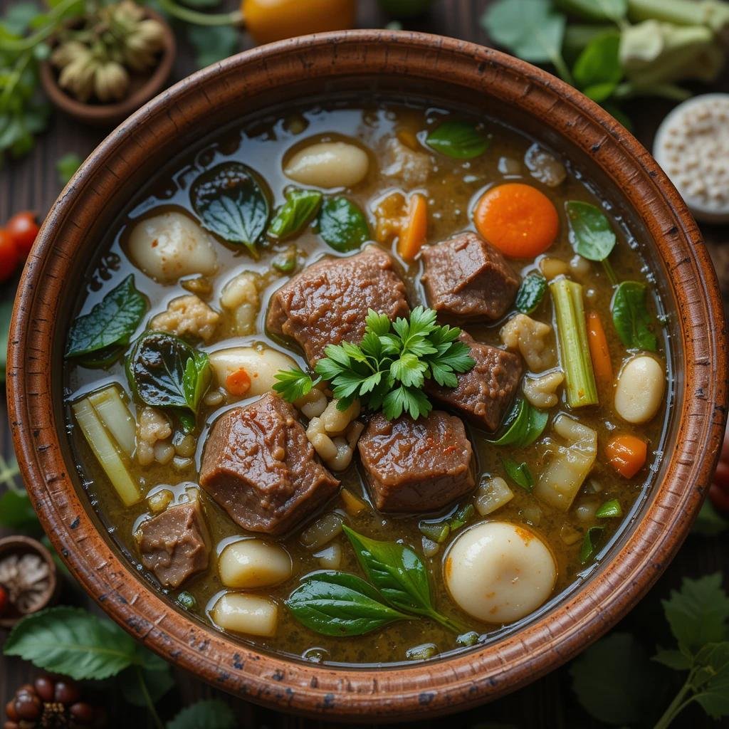 Traditional sinigang soup with vegetables and pork in a clay pot