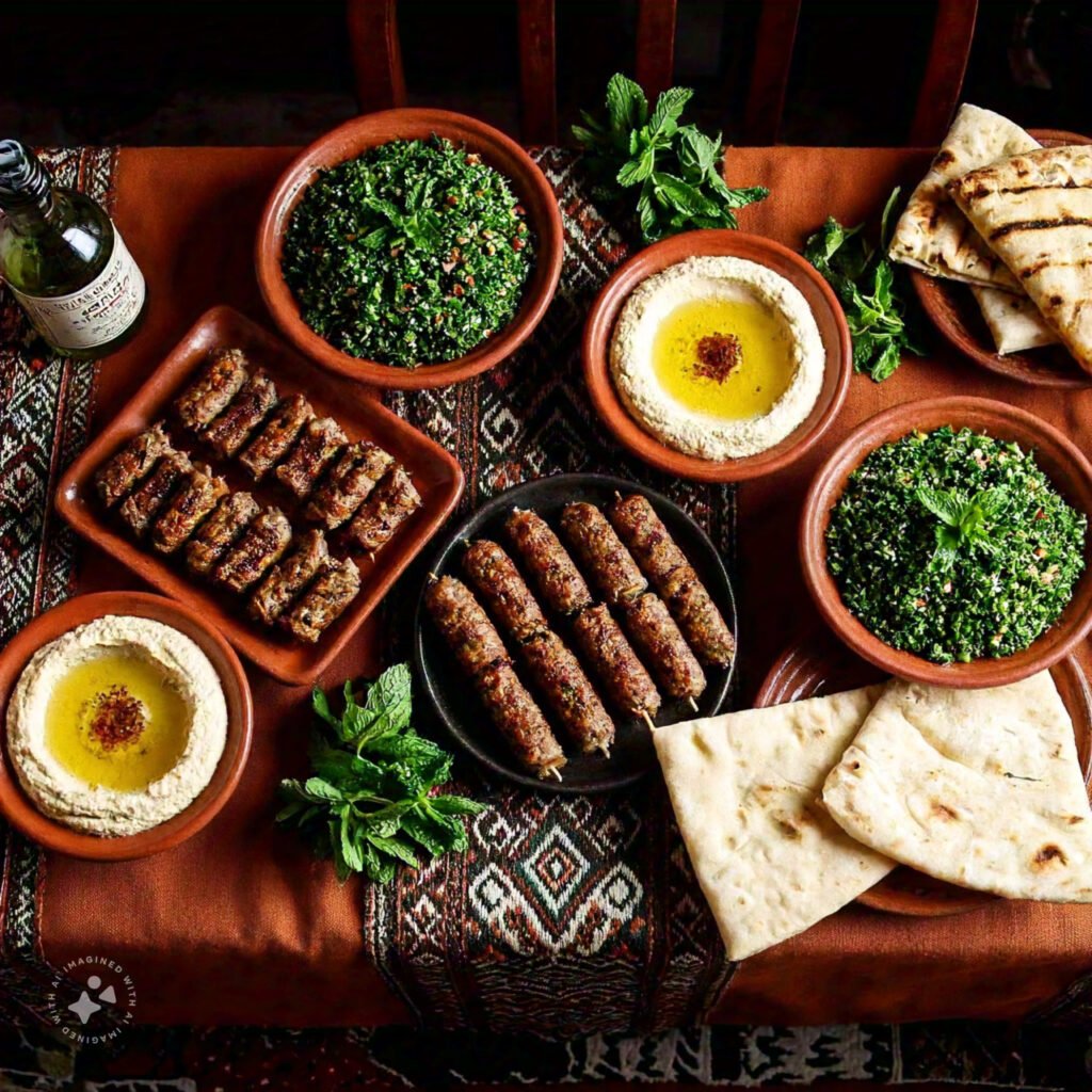 A vibrant spread of Lebanese dishes including tabbouleh, hummus, and pita bread