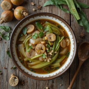 What is a Substitute for Kangkong in Sinigang? 1 Traditional Sinigang soup with vegetables like kangkong, tamarind broth in a white bowl.