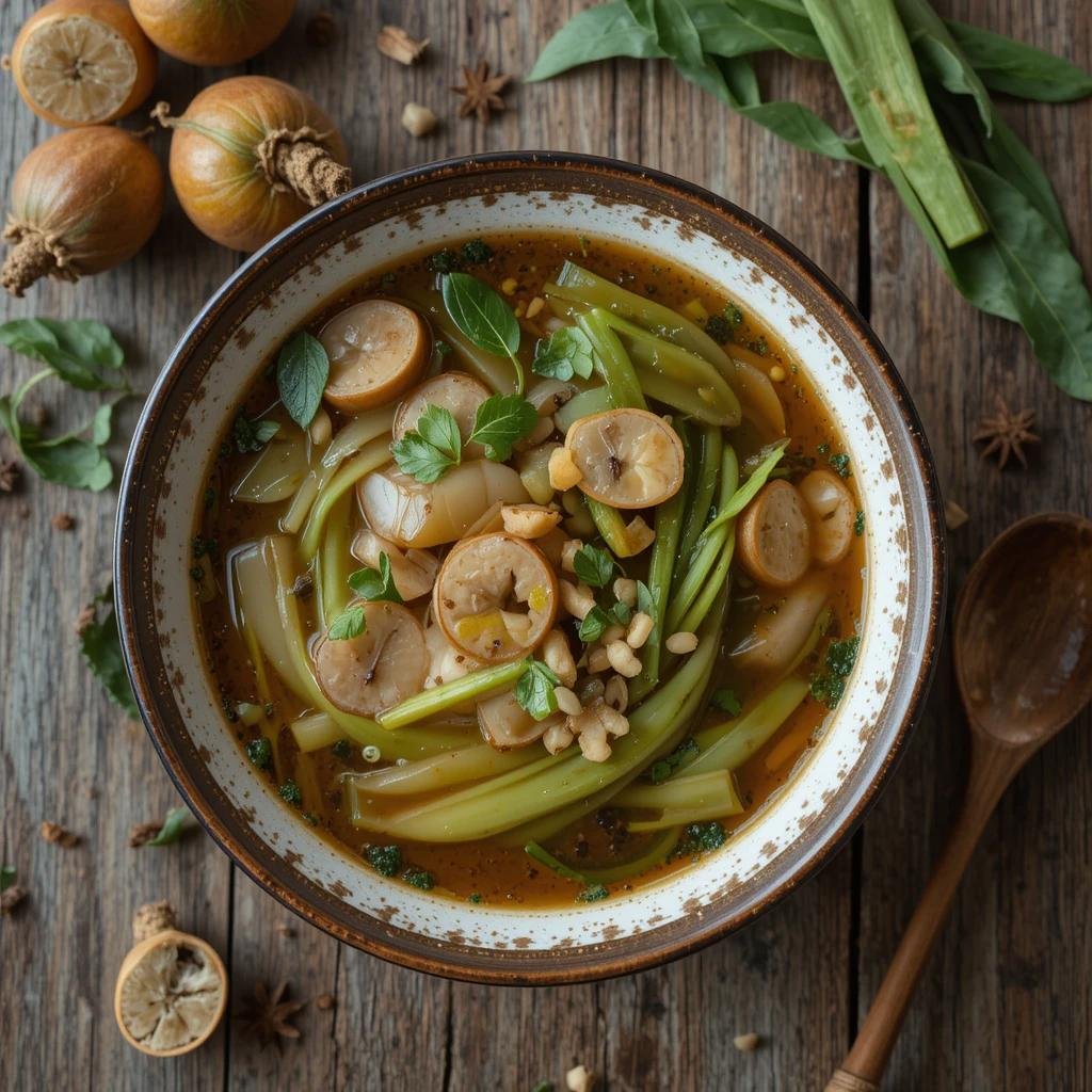 Traditional Sinigang soup with vegetables like kangkong, tamarind broth in a white bowl.