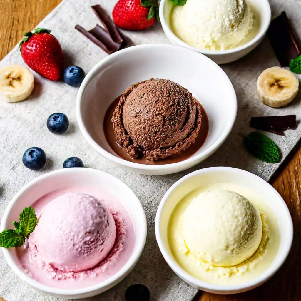 A variety of ice cream flavors in a bowl with fresh ingredients.