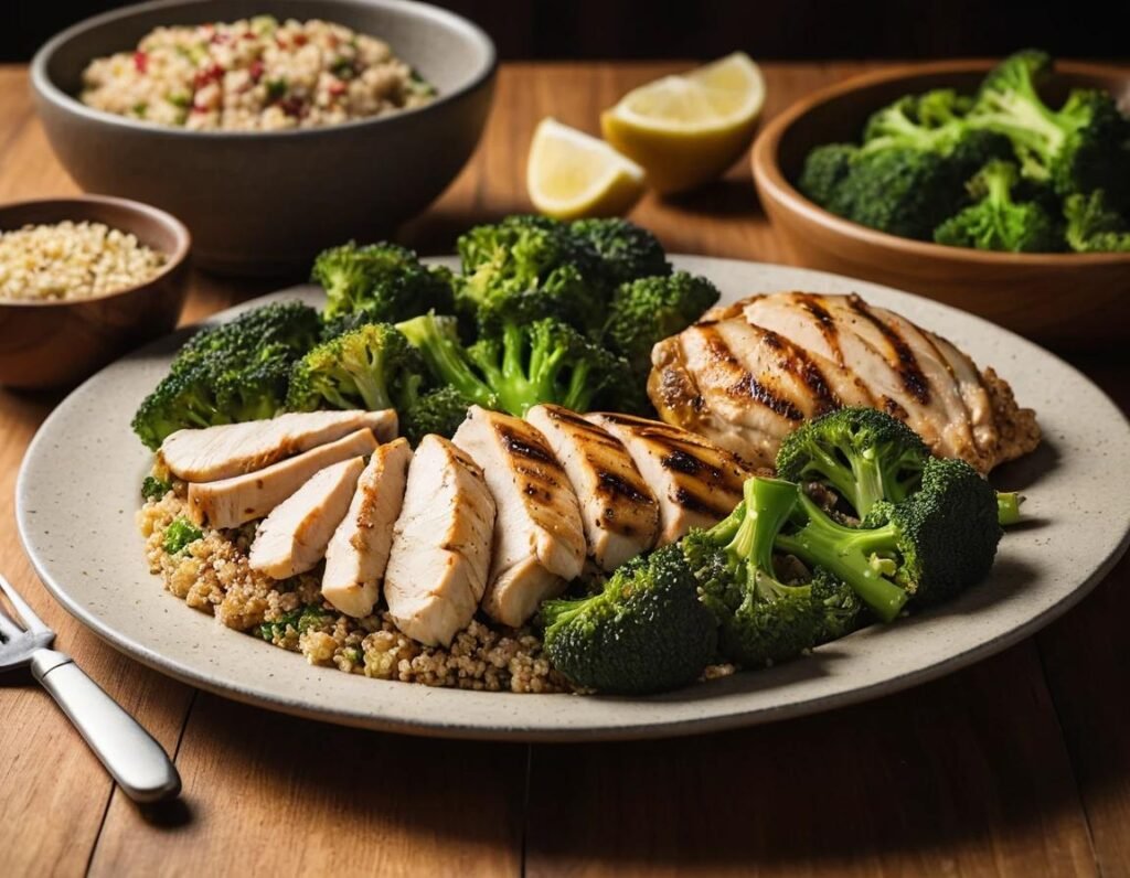 A healthy high-protein nighttime meal on a table.