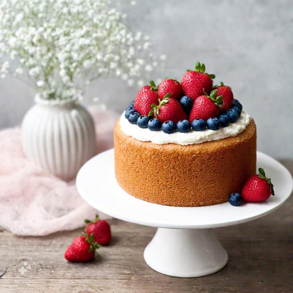 A light and airy angel food cake topped with fresh berries.