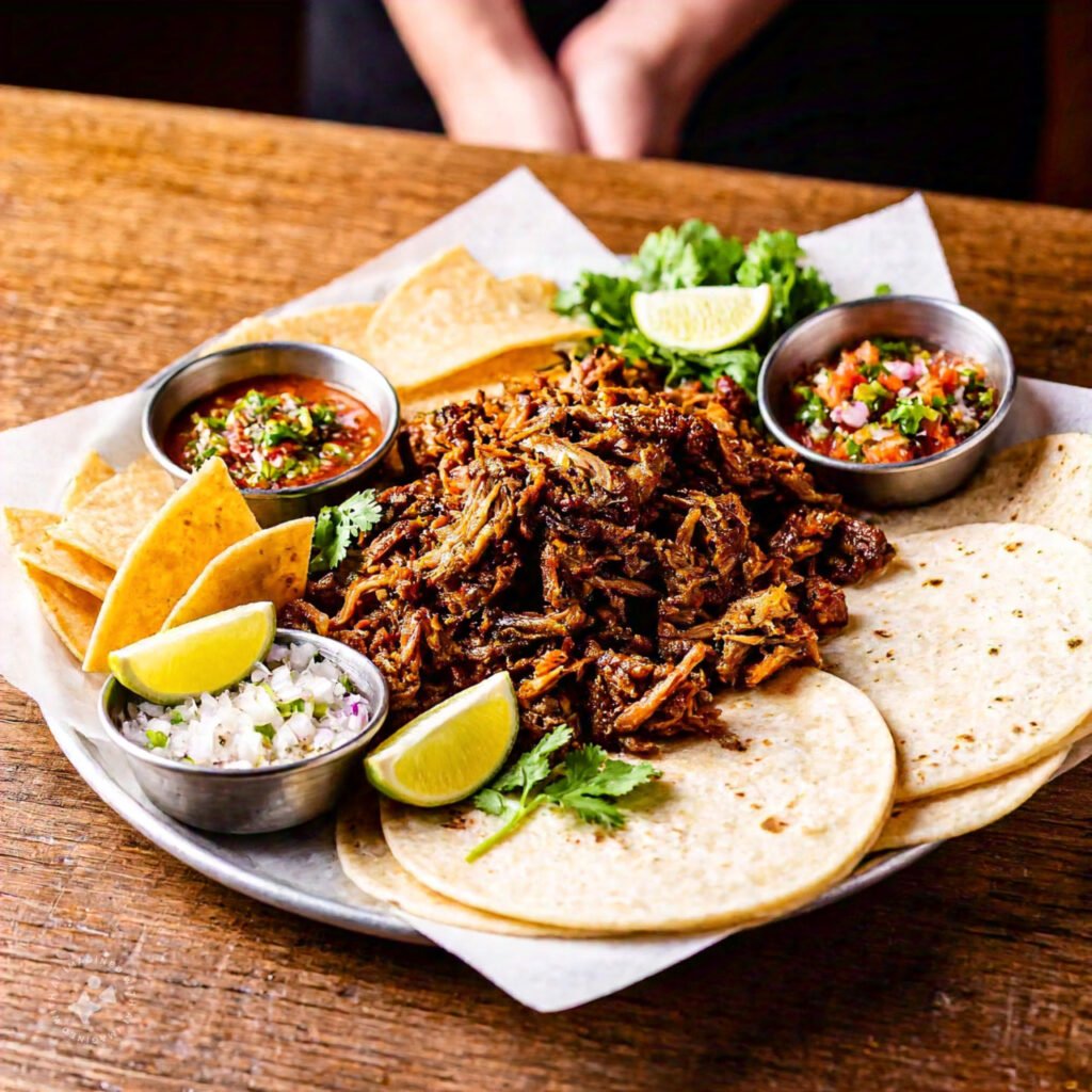 Assembled carnitas platter with sides and toppings