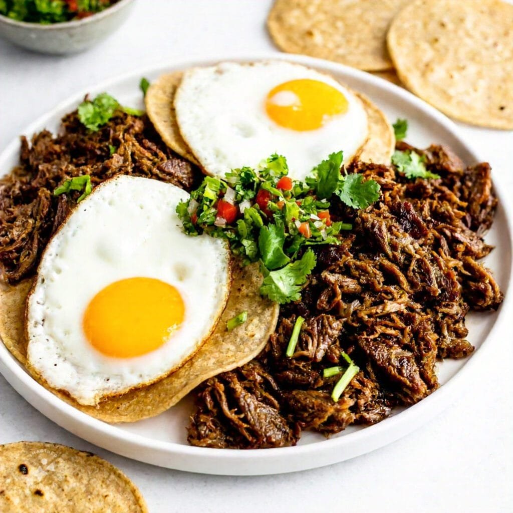 Assembled carnitas breakfast with eggs and garnishes.