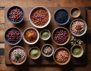 A variety of beans, including navy, kidney, and pinto beans, displayed on a wooden board.