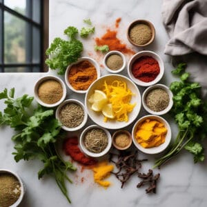 A variety of herbs and spices in bowls, including paprika, dill, garlic, and lemon zest.