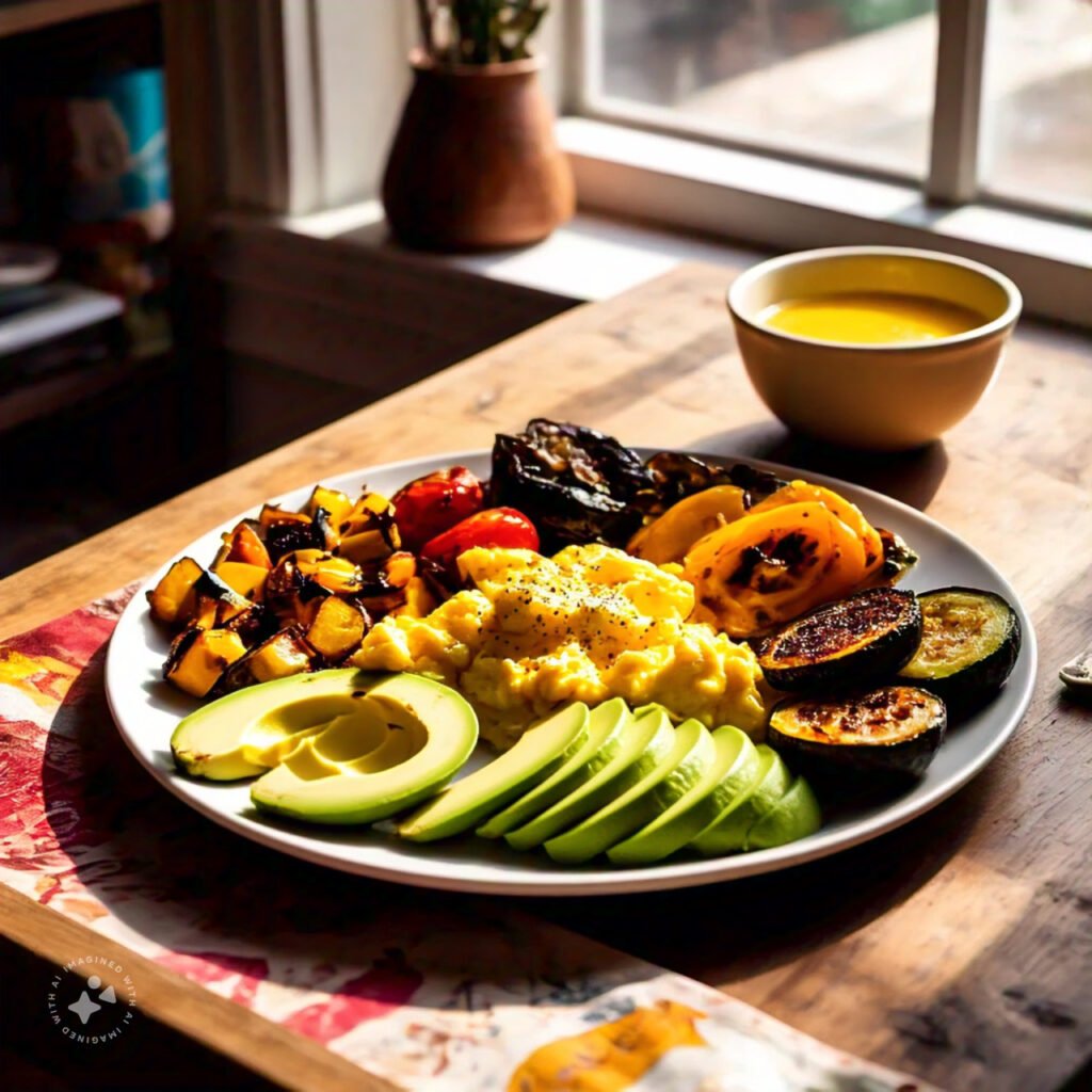 A vibrant plate with avocado, scrambled eggs, and roasted vegetables