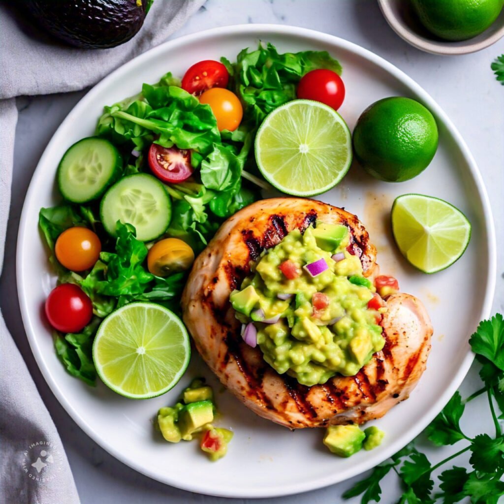 Grilled chicken topped with fresh avocado salsa