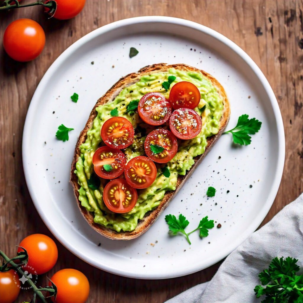 Avocado spread on sourdough toast with garnishes