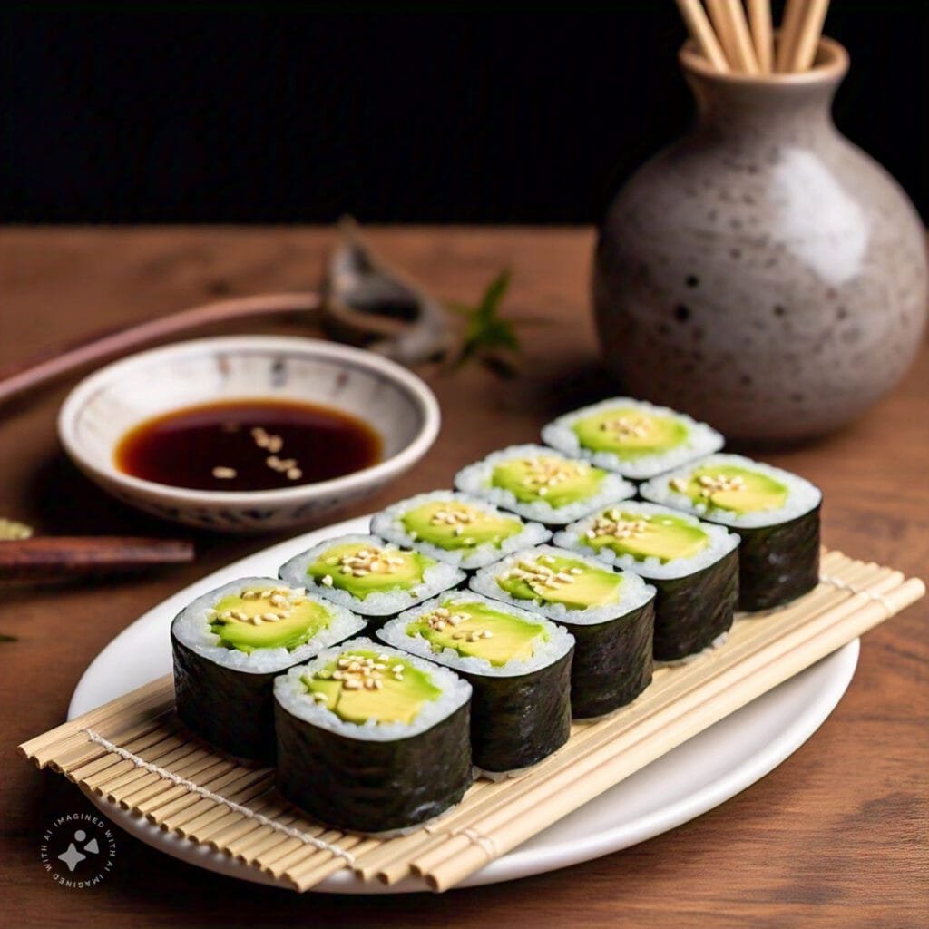 Sushi rolls made with avocado, cucumber, and sesame seeds on a bamboo mat.  