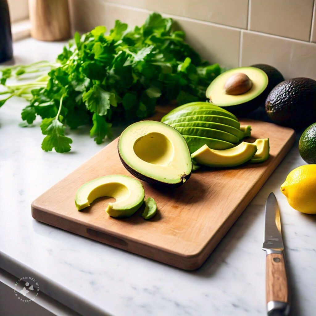 Fresh avocados sliced on a wooden cutting board surrounded by leafy greens.