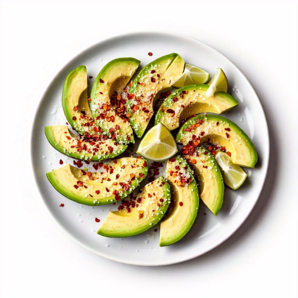 Avocado slices topped with lime, salt, and chili flakes