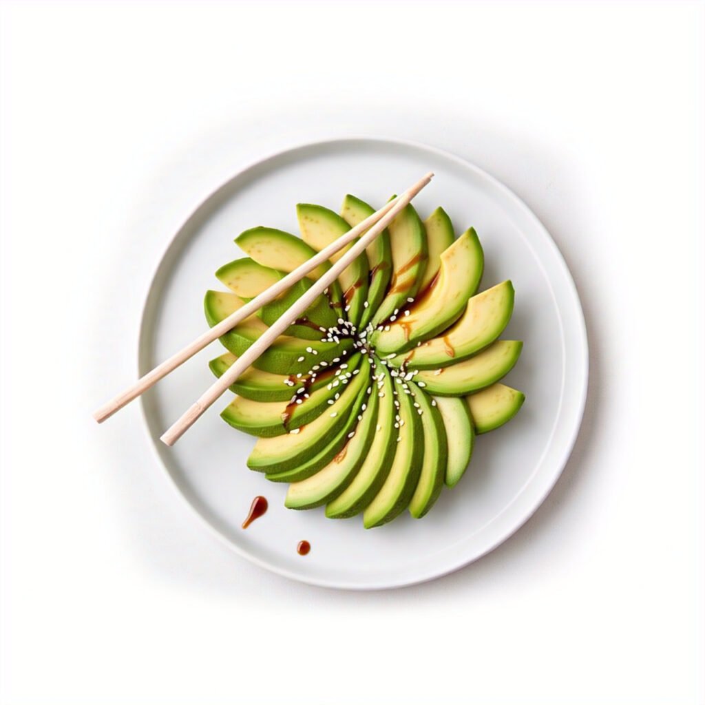 Sliced avocado topped with sesame seeds and a drizzle of soy sauce