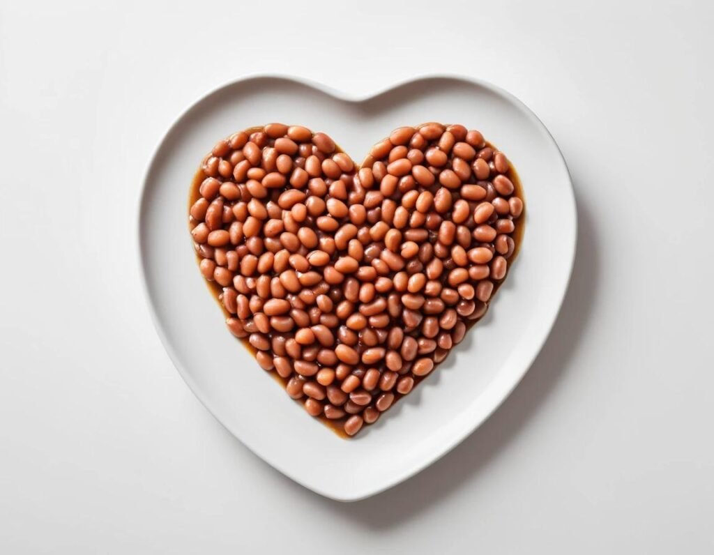 A heart-shaped arrangement of baked beans on a plate.