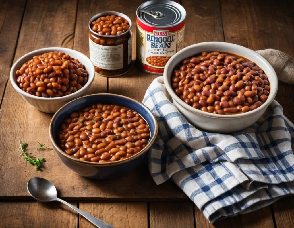 A bowl of baked beans and a can of plain beans side by side.