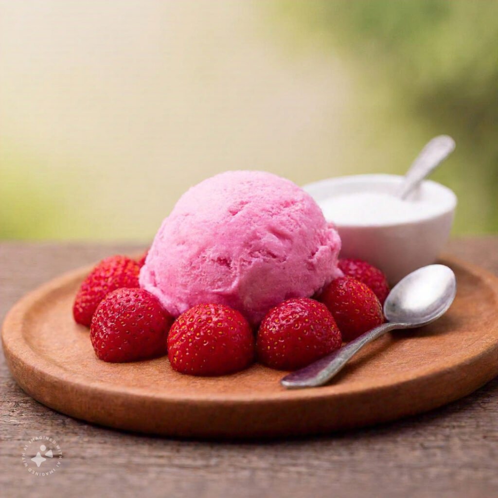 Strawberry ice cream with fresh strawberries and a small dish of sugar beside it.