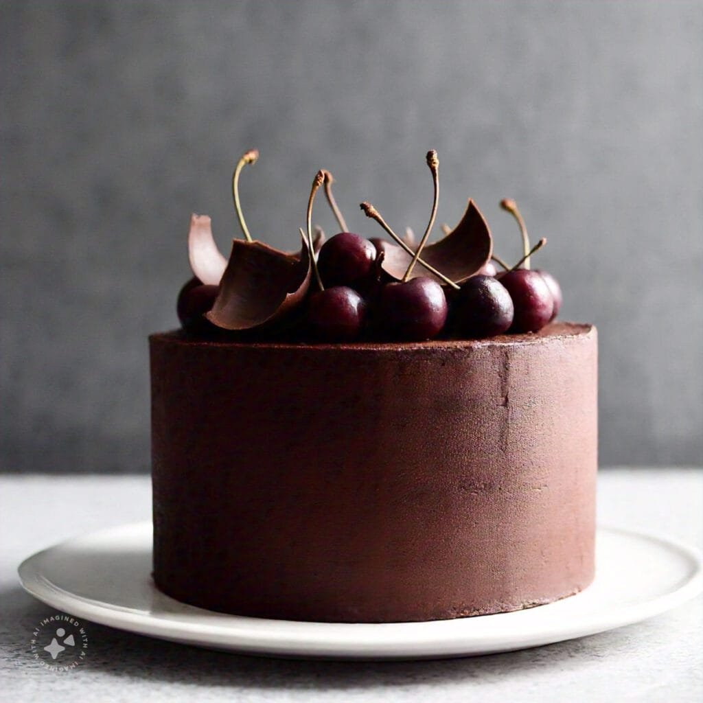 Black Forest Cake garnished with cherries and chocolate shavings