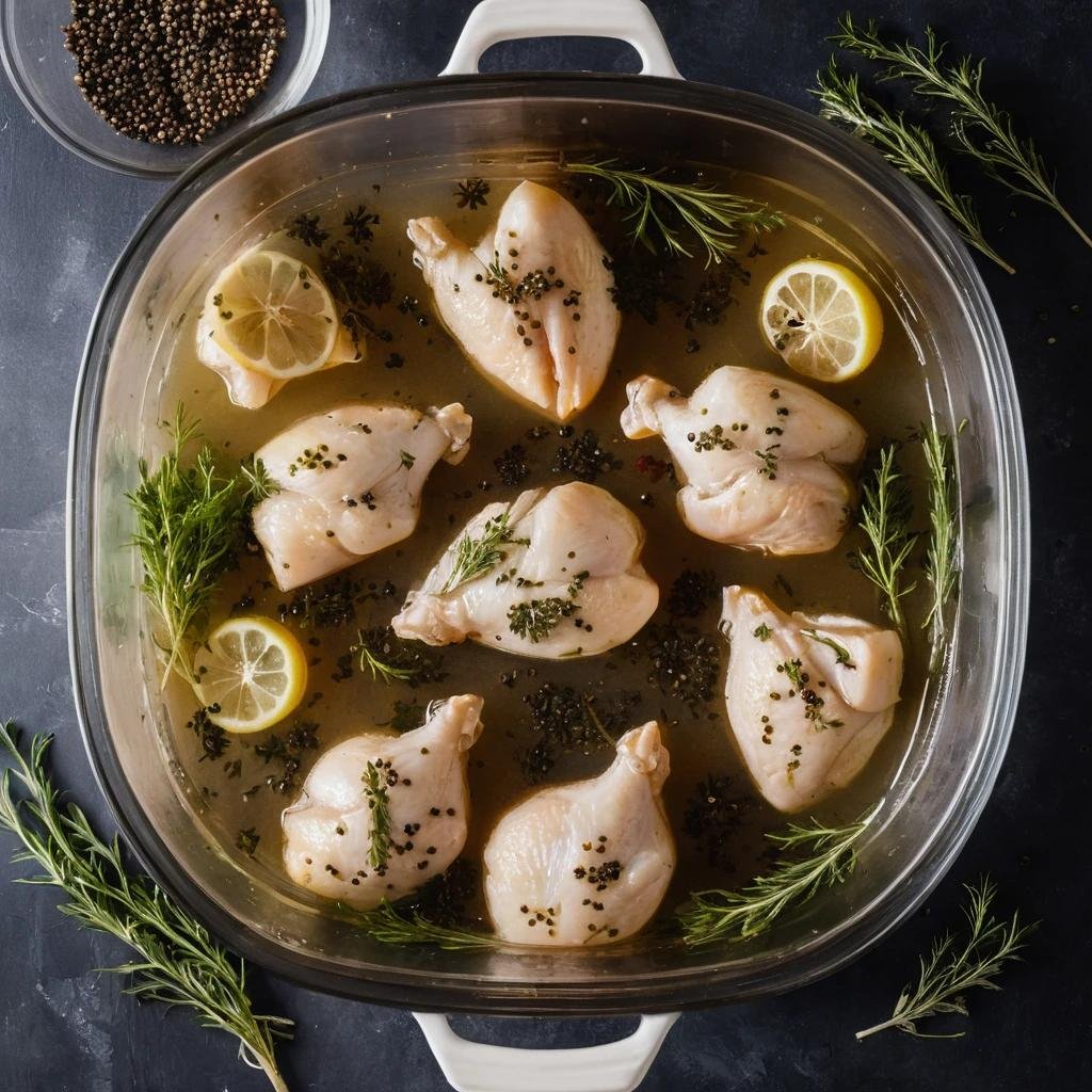 Chicken being submerged in a wet brine solution with herbs.