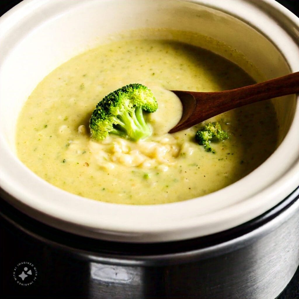 Broccoli cheddar soup in a slow cooker.