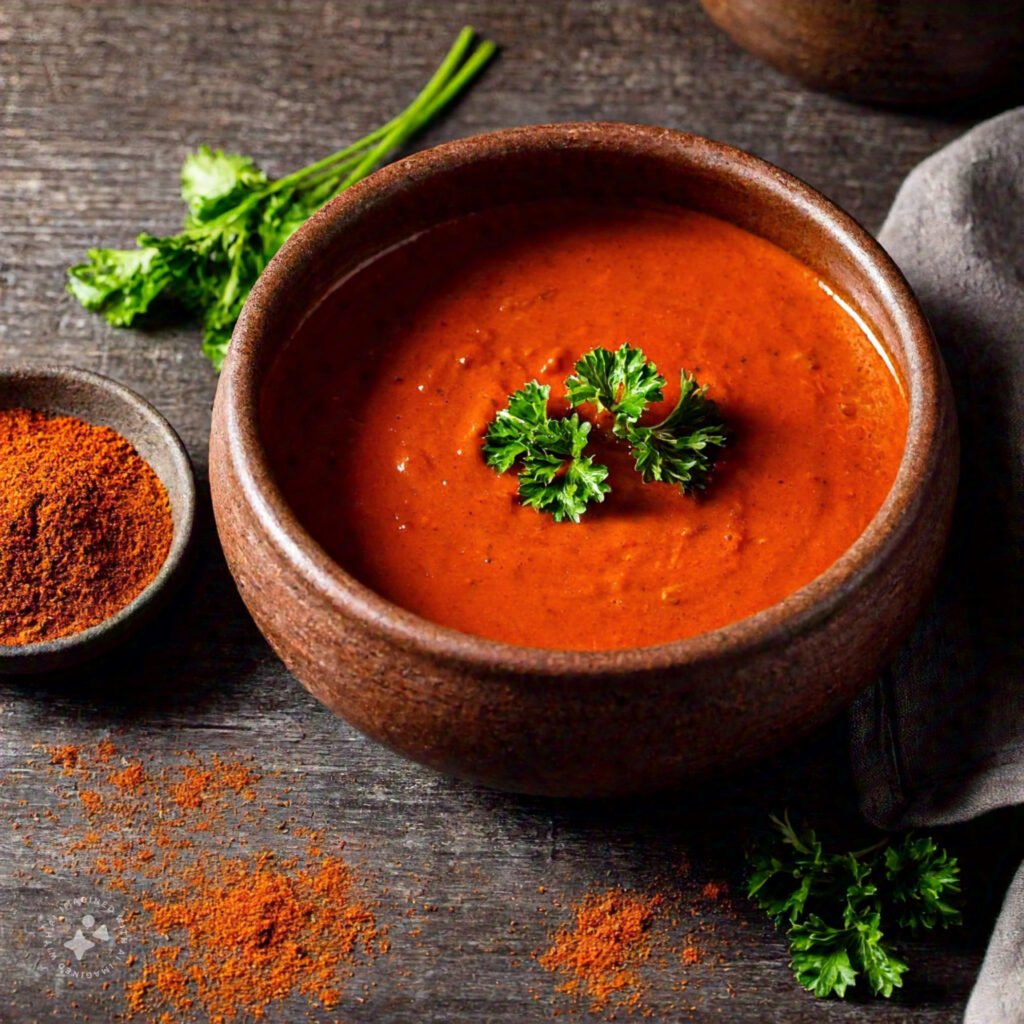 A vibrant Cajun-style seafood boil sauce in a small bowl garnished with parsley.