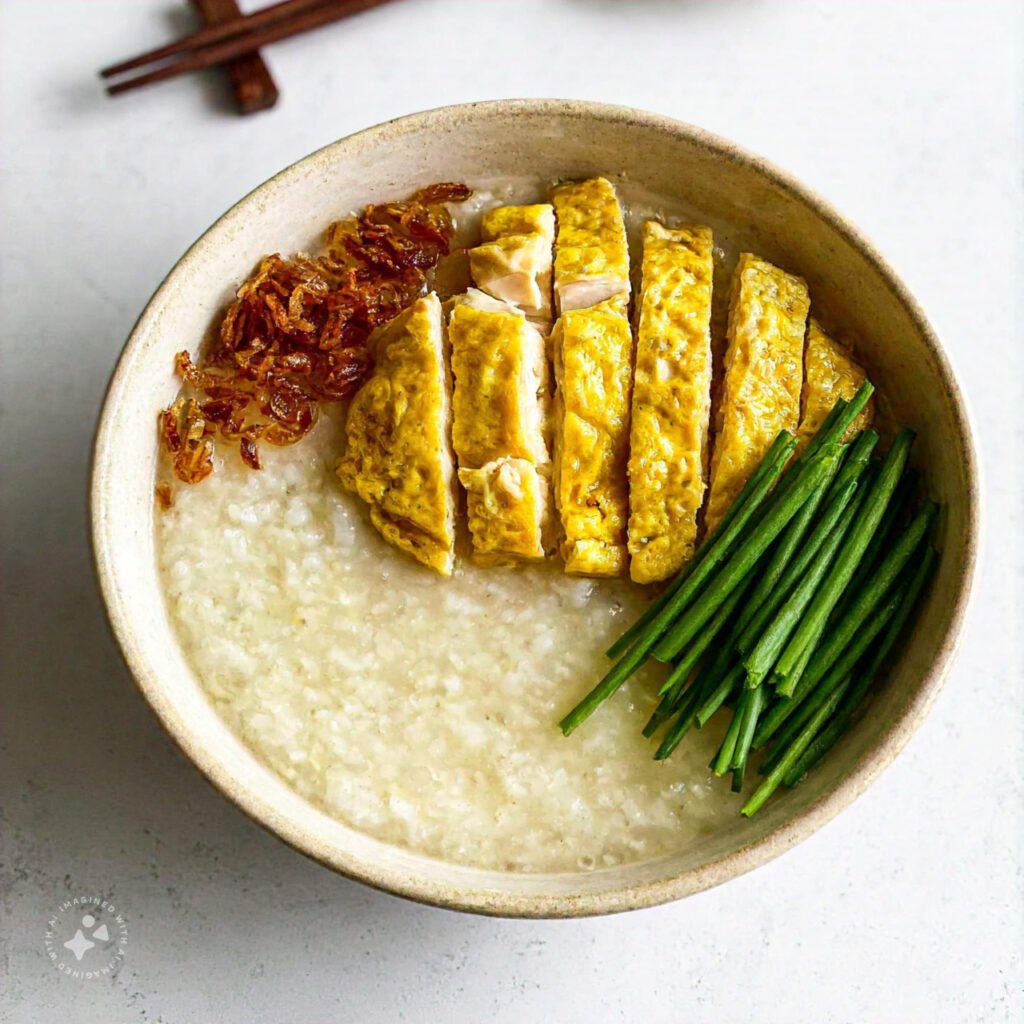 Bowl of chicken congee with toppings.