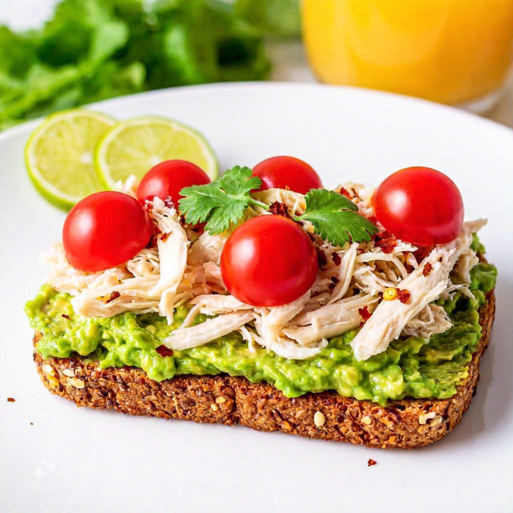 A slice of toast topped with avocado mash, shredded chicken, and cherry tomatoes.