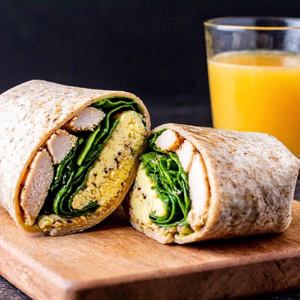 Chicken breakfast wrap with eggs and vegetables.