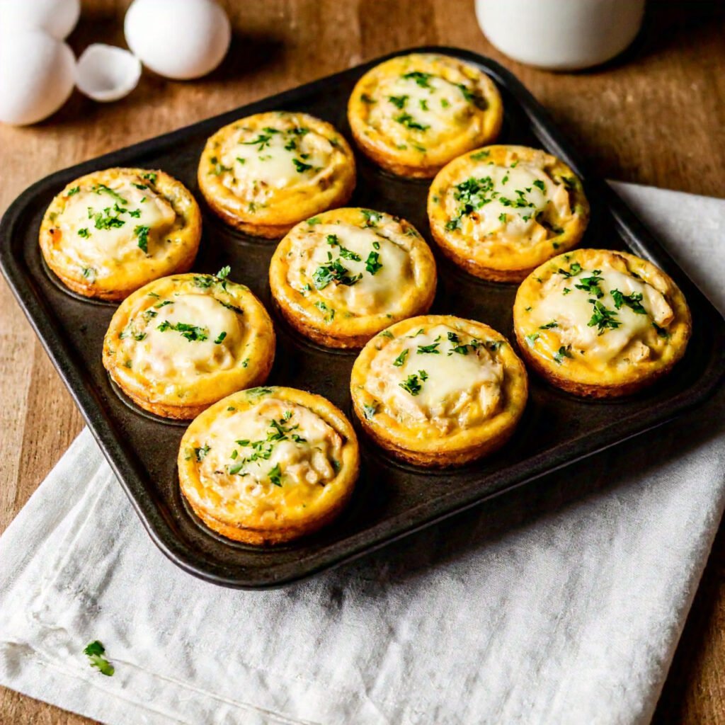 A tray of freshly baked chicken and egg muffins garnished with herbs.