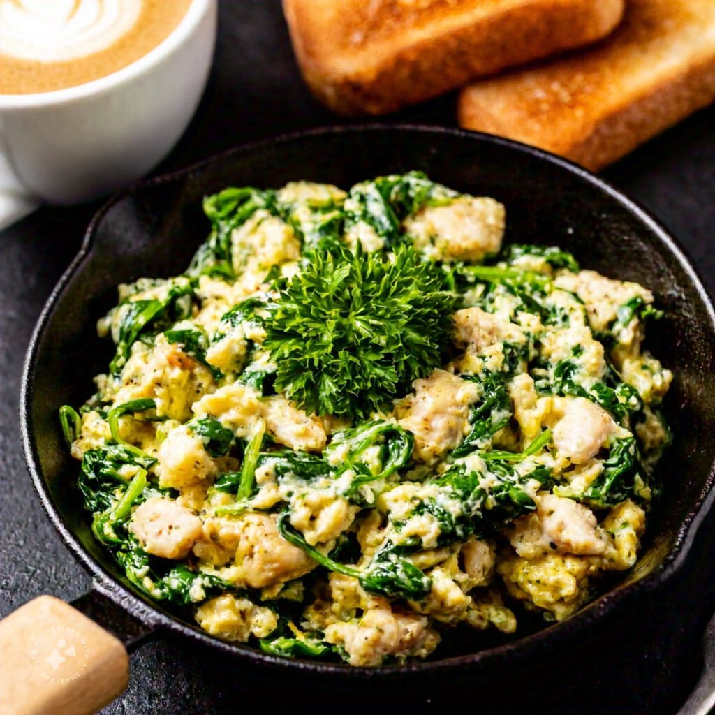 A skillet with chicken and spinach breakfast scramble topped with fresh herbs.