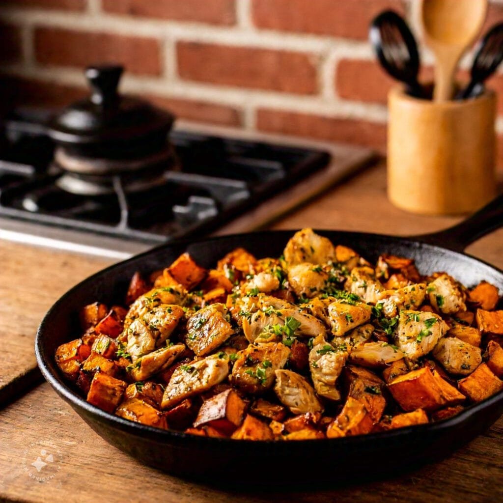 Grilled chicken and sweet potato hash in a skillet