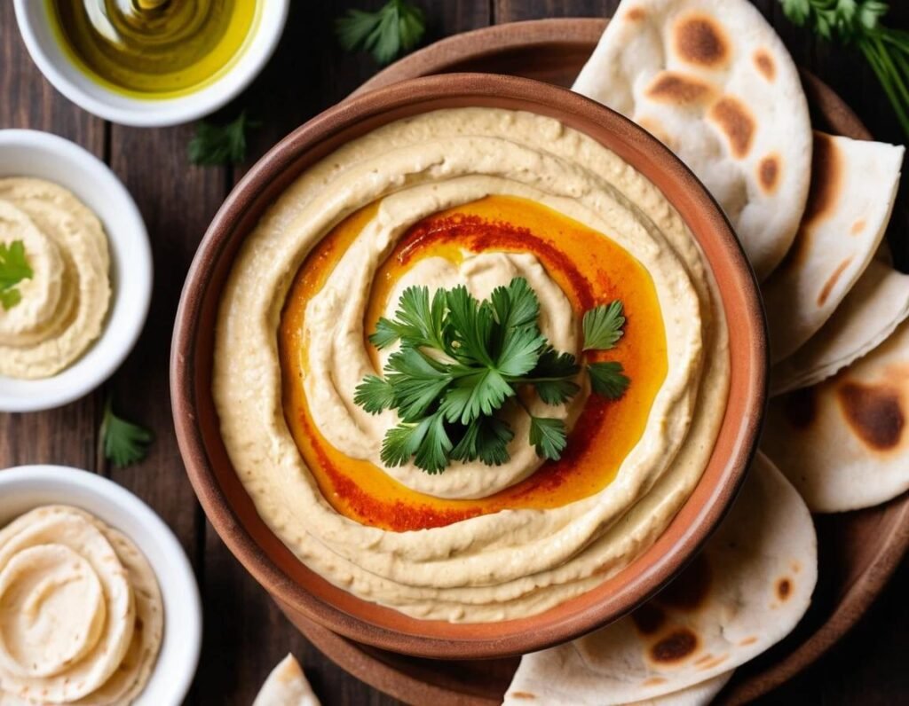 A bowl of creamy hummus garnished with olive oil and paprika.