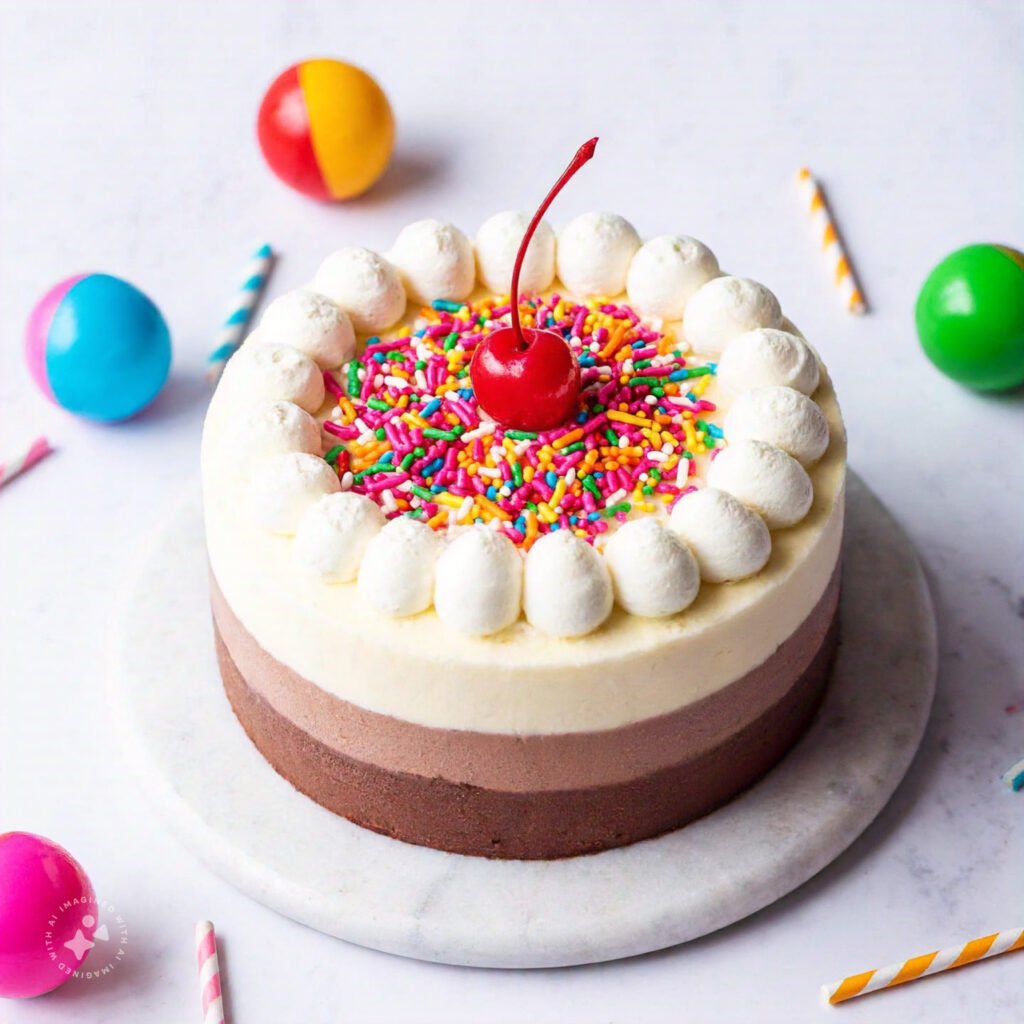 A colorful ice cream cake with layers of chocolate and vanilla.