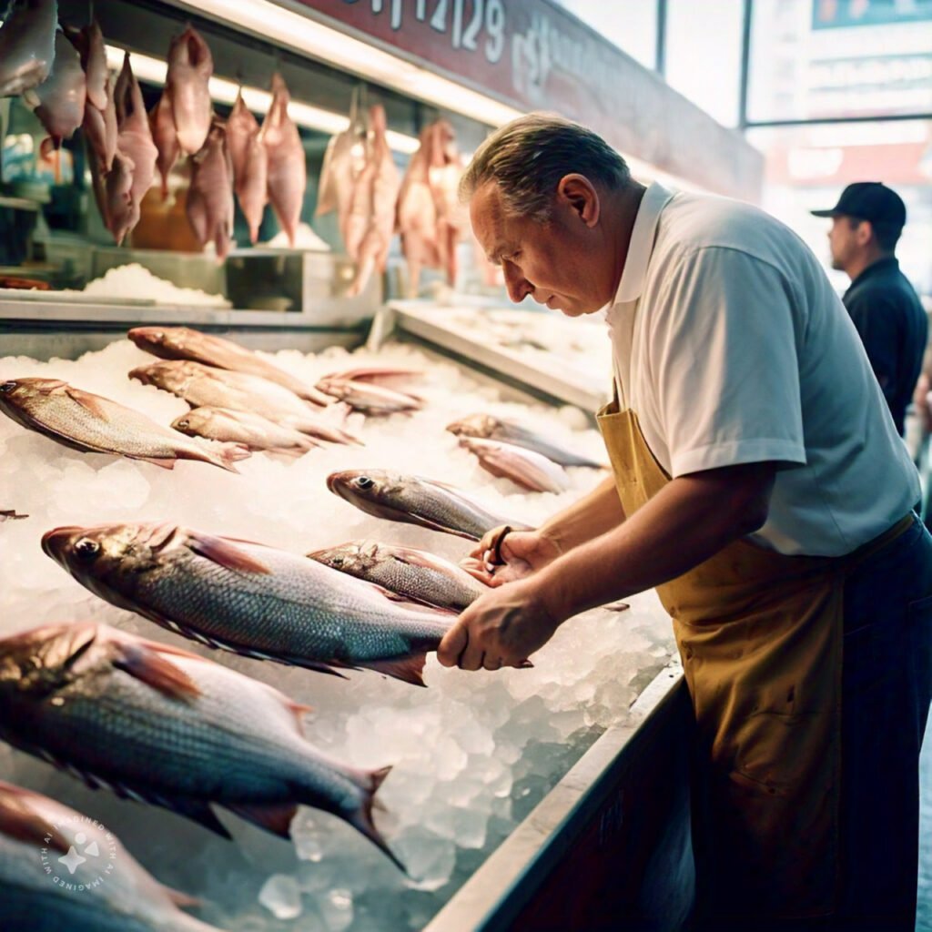 A shopper examining fresh rockfish at a local fish market.