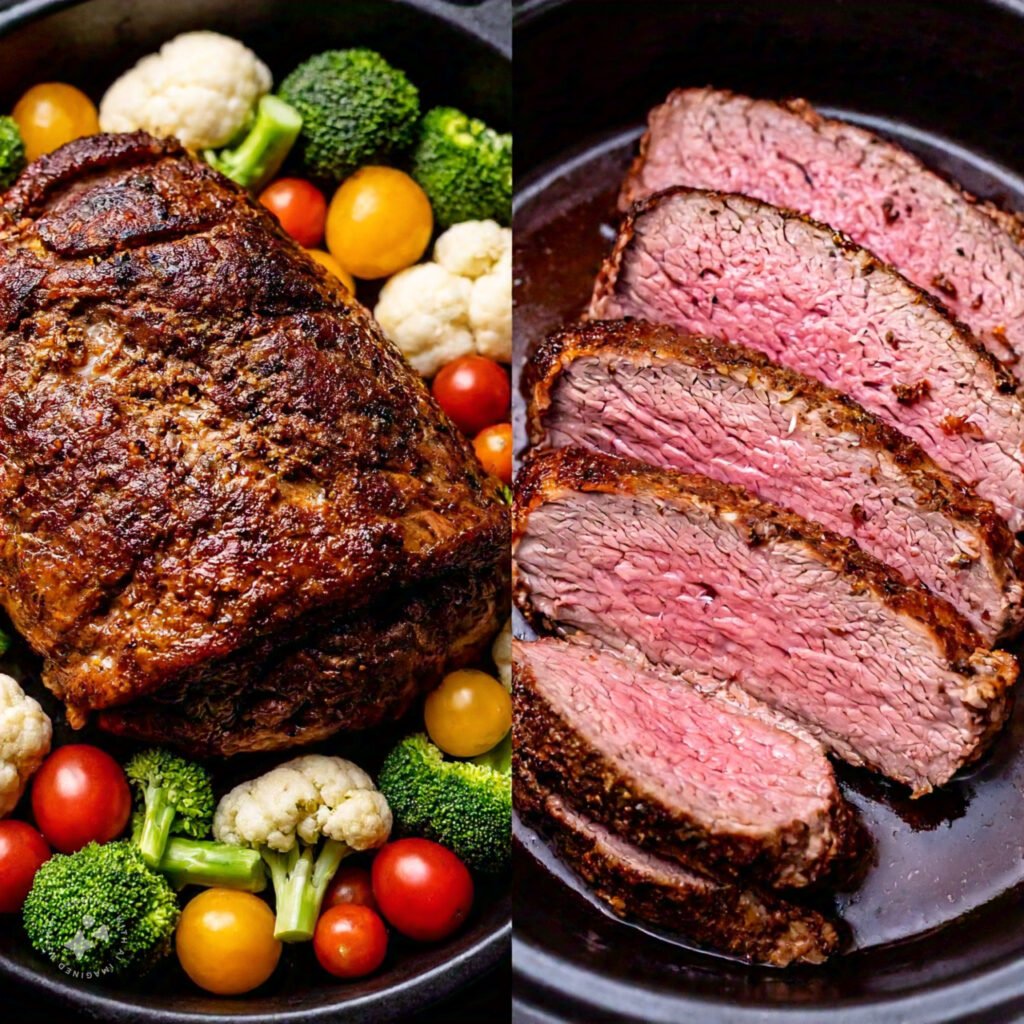 Chuck roast prepared with vegetables in a crockpot and oven.