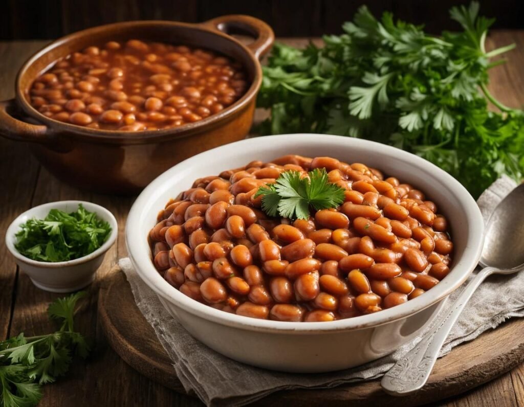 Bowl of baked beans garnished with parsley on a wooden table.