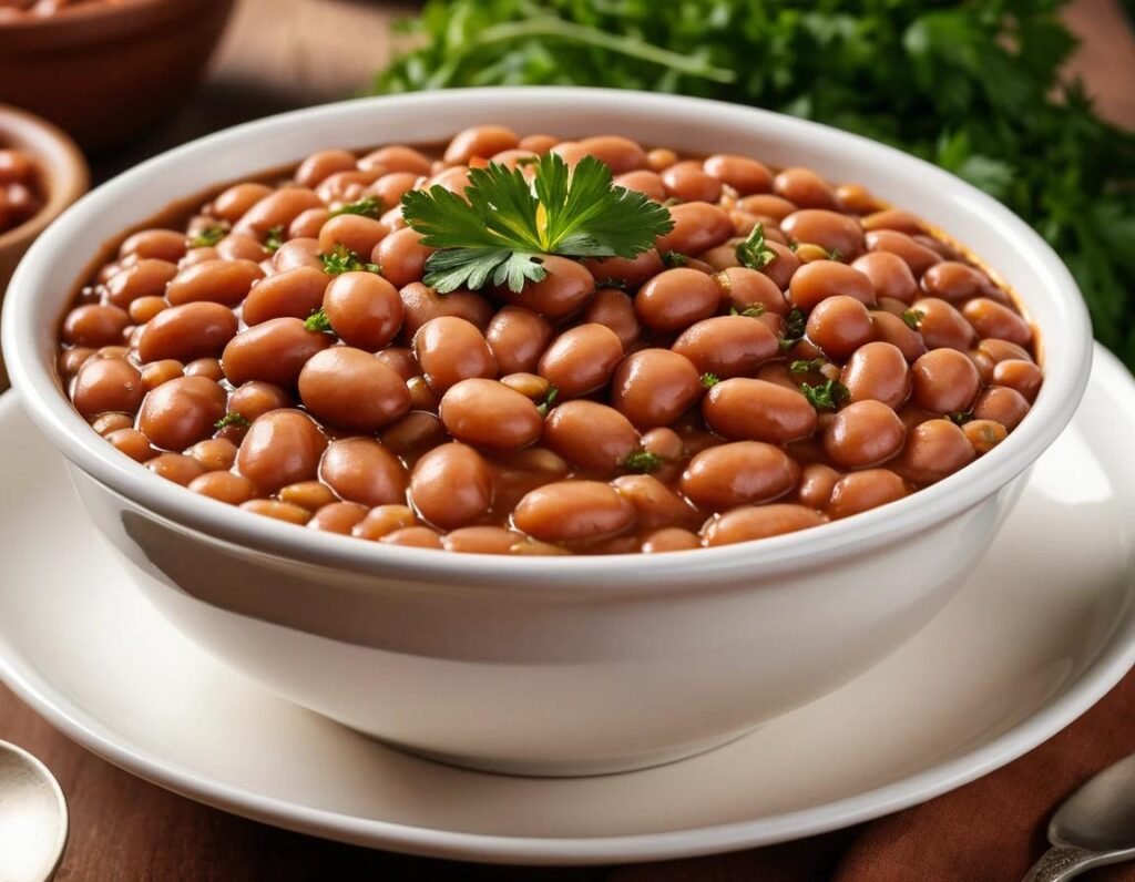 A bowl of traditional baked beans with navy beans in a rich sauce.