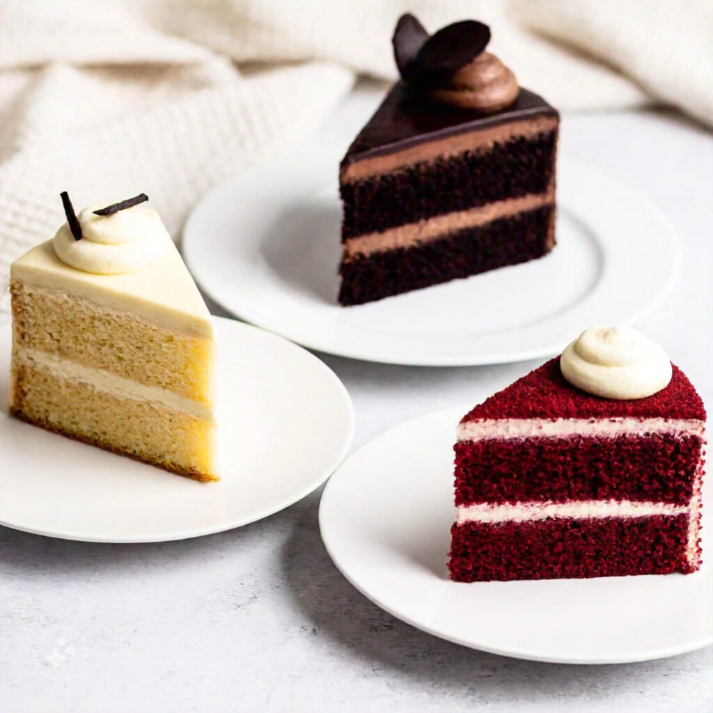 Slices of vanilla, chocolate, and red velvet cakes on plates.