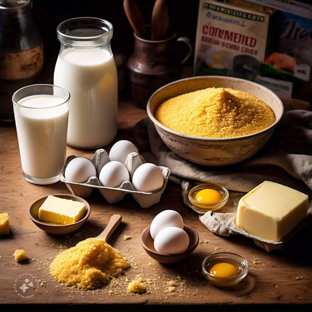 A table with cornbread ingredients, including cornmeal, milk, and eggs