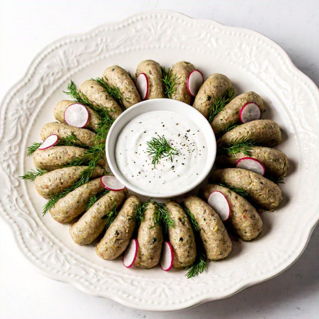 Traditional gefilte fish platter with garnishes