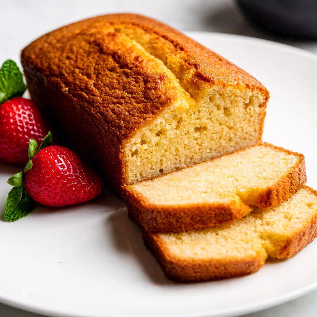 A classic pound cake with slices served on a plate