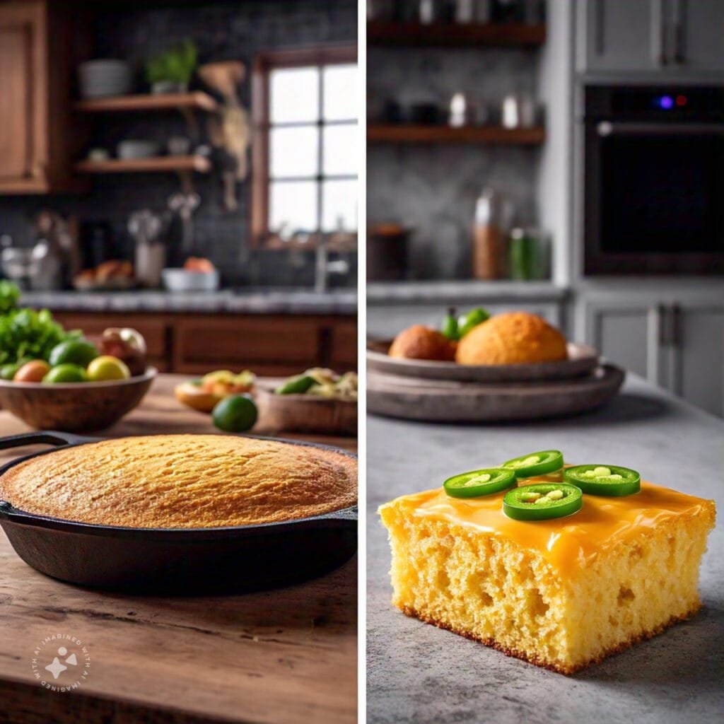 Traditional cast-iron skillet cornbread next to a modern cornbread slice