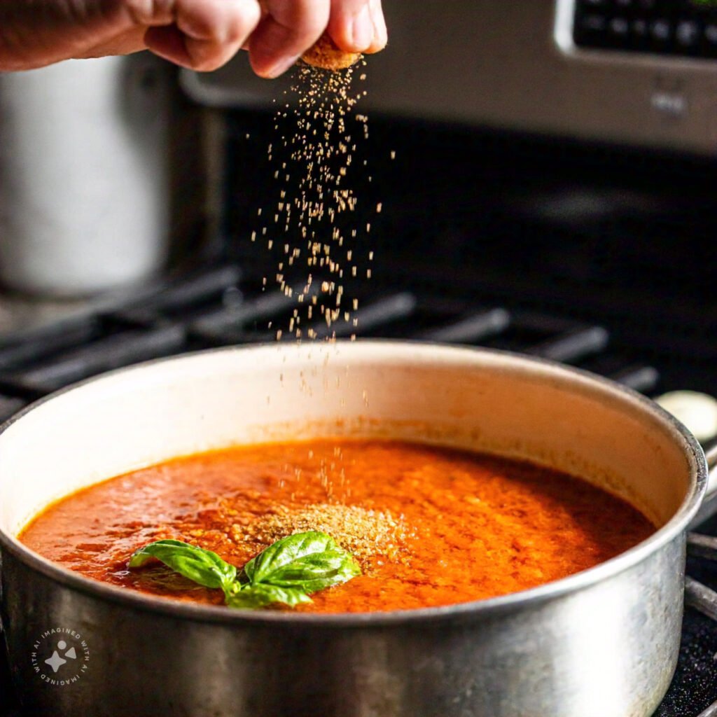 Brown sugar being added to a pot of tomato-based spaghetti sauce.