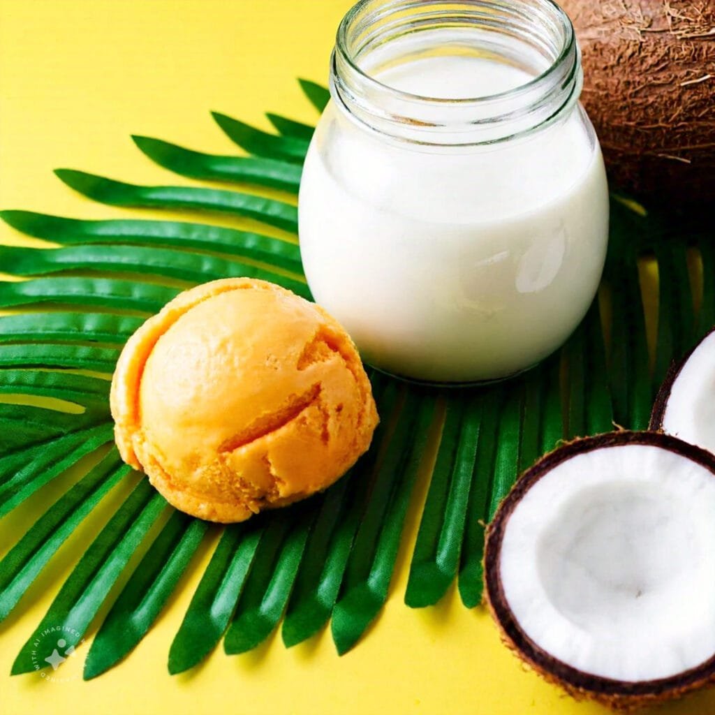 Coconut milk in a jar with a scoop of tropical mango ice cream.