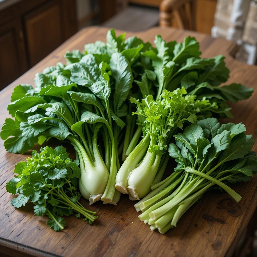 What is a Substitute for Kangkong in Sinigang? Display of bok choy, spinach, watercress, and Swiss chard on a rustic wooden table. 